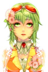 Rule 34 | 1girl, bad id, bad pixiv id, bare shoulders, domco, flower, goggles, goggles on head, green eyes, green hair, gumi, hair flower, hair ornament, heart, matching hair/eyes, open mouth, solo, vocaloid