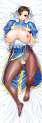 Rule 34 | 1girl, abs, bad id, bad pixiv id, breasts, breasts out, brown eyes, brown hair, bun cover, capcom, china dress, chinese clothes, chun-li, cleavage cutout, cleft of venus, clothing cutout, cosine, crotchless, crotchless panties, dakimakura (medium), double bun, dress, earrings, fat mons, hair bun, highres, huge breasts, jewelry, long image, lying, nipples, on back, panties, pantyhose, pussy, sample watermark, sash, smile, solo, street fighter, tall image, thick thighs, thighs, uncensored, underwear, watermark