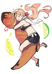 Rule 34 | 1girl, absurdres, adapted costume, bikini, bikini skirt, black bikini, blonde hair, chicken (food), chicken wing, closed eyes, commentary request, dyson (edaokunnsaikouya), food, gradient hair, hair flaps, highres, hug, kantai collection, long hair, multicolored hair, oversized object, poi, sandals, scarf, simple background, solo, swimsuit, white scarf, yuudachi (kancolle), yuudachi kai ni (kancolle)