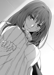 Rule 34 | 1girl, absurdres, blush, breasts, closed mouth, covered erect nipples, fate/grand order, fate (series), from below, greyscale, highres, indoors, light, long hair, looking at viewer, looking down, monochrome, scathach (fate), smile, solo, sweater, turtleneck, turtleneck sweater, upper body, yamoge