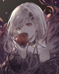 Rule 34 | 1girl, alter ego malevolent (granblue fantasy), apple, ayacho, bags under eyes, bare shoulders, black dress, choker, djeeta (granblue fantasy), dress, earrings, food, fruit, granblue fantasy, hair ornament, jewelry, licking, red eyes, short hair, solo, tongue, tongue out, upper body, white hair, x hair ornament