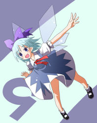 Rule 34 | 1girl, blue eyes, blue hair, bow, circled 9, cirno, fairy wings, fang, female focus, kannazuki hato, matching hair/eyes, simple background, solo, touhou, wings