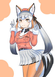 Rule 34 | 1girl, animal ears, blazer, extra ears, fox ears, fox girl, fox tail, gloves, grey hair, hat, highres, island fox (kemono friends), jacket, kemono friends, kemono friends v project, long hair, looking at viewer, multicolored hair, necktie, ni daco, orange hair, pantyhose, ribbon, shirt, simple background, skirt, solo, tail, twintails, two-tone hair, virtual youtuber, yellow eyes