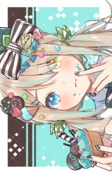 Rule 34 | 1girl, blue eyes, bow, chocolate mint, collared shirt, commentary, eat me, english text, food, food-themed hair ornament, food writing, hair ornament, hairclip, heterochromia, highres, holding, holding food, ice cream, ice cream hair ornament, key hair ornament, leaf hair ornament, low twintails, mayu-mayu1026, mint chocolate, mint hair ornament, nail art, original, patterned background, shirt, sideways, solo, sprinkles, striped, striped bow, striped nails, twintails, wafer stick, yellow eyes