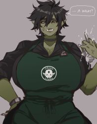 Rule 34 | 1girl, anger vein, angry, apron, bad id, bad twitter id, barista, black hair, black sclera, black shirt, brand name imitation, breasts, cleavage, coffee cup, collared shirt, colored sclera, colored skin, commentary, crushing, cup, curvy, disposable cup, english commentary, english text, female orc, green apron, green lips, green skin, grey eyes, hand on own hip, highres, holding, holding pen, huge breasts, iced latte with breast milk (meme), lips, looking at viewer, meme, messy hair, name tag, orc, original, pen, picco, pointy ears, scar, scar across eye, scar on face, scar on nose, shirt, short eyebrows, short hair, sleeves pushed up, solo, speech bubble, starbucks, tusks, watch, wide hips, wristwatch, you gonna get raped