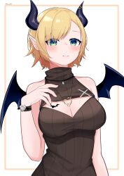 Rule 34 | 1girl, absurdres, bare shoulders, black dress, black sweater, blush, breast tattoo, breasts, cleavage, cleavage cutout, clothing cutout, demon, demon girl, demon horns, demon wings, dress, green eyes, heart, heart pendant, heart tattoo, highres, hololive, horns, kanadeho, large breasts, medium breasts, parted lips, pointy ears, short hair, simple background, sleeveless, sleeveless dress, sleeveless sweater, solo, sweater, sweater dress, tattoo, upper body, virtual youtuber, white background, wings, yuzuki choco, yuzuki choco (streetwear)