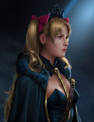 Rule 34 | 1girl, blonde hair, blue background, blue cape, breasts, cape, cleavage, earrings, ereshkigal (fate), fate/grand order, fate (series), highres, jewelry, long hair, medium breasts, profile, realistic, red eyes, skull, solo, spine, tiara, triximity, two side up, upper body
