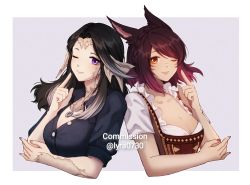 Rule 34 | 2girls, animal ears, au ra, warrior of light (ff14), black hair, border, breasts, cat ears, cleavage, collarbone, commission, cropped torso, dragon horns, facial mark, final fantasy, final fantasy xiv, forehead, highres, horns, jewelry, long hair, looking at viewer, lyra-kotto, medium breasts, miqo&#039;te, multiple girls, one eye closed, pendant, purple eyes, red eyes, red hair, scales, short hair, smile, swept bangs, two-tone background, whisker markings, white border