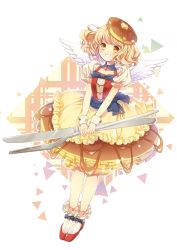 Rule 34 | 1girl, bad id, bad pixiv id, blonde hair, bobby socks, brown eyes, brown skirt, food, food-themed clothes, food-themed hair ornament, fork, frilled skirt, frills, full body, hair ornament, hanao kawori, knife, layered skirt, looking at viewer, morinaga (brand), original, oversized object, pancake, personification, petticoat, rainbow background, red footwear, shoes, short hair, skirt, smile, socks, solo, standing, white socks, white wings, wings, yellow skirt