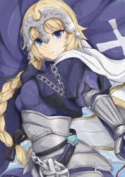 Rule 34 | 1girl, armor, armored dress, banner, blonde hair, blue eyes, braid, breasts, dress, fate/apocrypha, fate/grand order, fate (series), floating hair, gloves, headpiece, highres, holding, holding weapon, jeanne d&#039;arc (fate), jeanne d&#039;arc (ruler) (fate), long hair, looking at viewer, smile, solo, standing, takumin (takumi415), very long hair, weapon