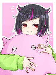 Rule 34 | 1boy, animal, animal hug, black hair, blush, border, closed mouth, commentary request, diagonal bangs, green sweater, highres, lilia vanrouge, long sleeves, looking at viewer, male focus, multicolored hair, notice lines, outline, outside border, pink background, pink hair, pointy ears, red eyes, short hair, sidelocks, simple background, sleeves past wrists, smile, solo, streaked hair, sumino iro, sweater, twisted wonderland, umbrella octopus, upper body, white border, white outline