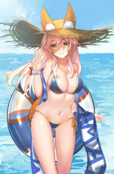 Rule 34 | 1girl, animal ears, bad id, bad pixiv id, bikini, blue bikini, breasts, cleavage, day, dhfz181, ears through headwear, fate/grand order, fate (series), fox ears, fox tail, hair ribbon, hat, highres, large breasts, long hair, looking at viewer, nature, navel, ocean, outdoors, pink hair, ribbon, solo, swimsuit, tail, tamamo (fate), tamamo no mae (fate/extra), tamamo no mae (swimsuit lancer) (fate), tamamo no mae (swimsuit lancer) (second ascension) (fate), v, yellow eyes