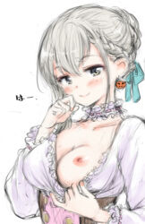 Rule 34 | 1girl, blush, breasts, choker, dress, frilled choker, frilled dress, frills, grey hair, hamao, hisakawa hayate, idolmaster, idolmaster cinderella girls, jack-o&#039;-lantern, large breasts, looking at viewer, lowres, nipples, one breast out, pulled by self, simple background, smile, solo, translation request, white background