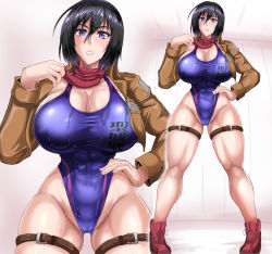 Rule 34 | 1girl, black hair, breasts, cleavage, competition swimsuit, female focus, hand on own hip, highres, huge breasts, jacket, mikasa ackerman, one-piece swimsuit, puripuri jet, pussy, shingeki no kyojin, solo, standing, swimsuit, thigh strap