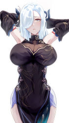 Rule 34 | 1girl, armpits, arms behind head, arms up, bare shoulders, black dress, blue eyes, blush, breasts, cleavage, covered navel, detached sleeves, dress, genshin impact, gold trim, hair ornament, hair over one eye, highres, large breasts, long hair, looking at viewer, parted lips, pelvic curtain, see-through, see-through cleavage, shenhe (frostflower dew) (genshin impact), shenhe (genshin impact), solo, thighs, uenoryoma, white hair