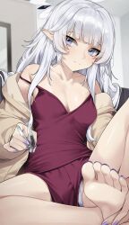 Rule 34 | 1girl, barefoot, blue archive, blurry, blurry background, breasts, brown jacket, camisole, closed mouth, feet, fingernails, grey hair, halo, highres, himari (blue archive), holding, holding own foot, indoors, jacket, long fingernails, long hair, looking at viewer, medium breasts, nail clippers, nail polish, off shoulder, open clothes, open jacket, panties, pantyshot, pointy ears, purple eyes, purple nails, red camisole, red shorts, shorts, sidelocks, sitting, smile, soles, solo, strap slip, toenail polish, toenails, toes, underwear, very long hair, wakamepiza, white panties