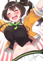 Rule 34 | 1girl, ahoge, alternate breast size, arms at sides, breasts, brown hair, closed eyes, commentary request, hair ribbon, hololive, midriff, natsuiro matsuri, natsuiro matsuri (1st costume), navel, open mouth, ribbon, side ponytail, simple background, solo, tonarikeru, virtual youtuber, white background