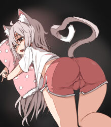 Rule 34 | 1girl, ahoge, animal ear fluff, animal ears, ass, brown eyes, cat ears, cat girl, cat tail, fang, from behind, grey hair, hugging object, kneeling, kneepits, komi (trickcal), leaning forward, long hair, looking back, open mouth, pillow, pillow hug, pink shorts, shirt, short shorts, short sleeves, shorts, solo, tail, thigh gap, thighs, trickcal, white shirt, yume no hana (sbac0019)