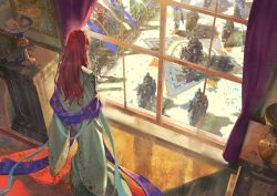 Rule 34 | 1girl, armor, brown hair, chinese commentary, commentary request, day, from above, from behind, holding, horse, iketsumi, indoors, japanese clothes, kimono, looking at another, looking away, multiple boys, original, pointy ears, red hair, riding, standing, wide shot, window