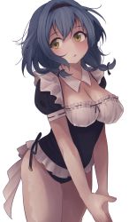 Rule 34 | 1girl, blue hair, blush, bow, breasts, cleavage, commentary, frills, furutani himawari, hair bow, hair ornament, hairband, highres, large breasts, leotard, looking at viewer, maid, maid leotard, open mouth, short hair, simple background, solo, tennosuke (tejons), unconventional maid, white background, yellow eyes, yuru yuri