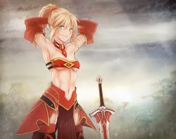 Rule 34 | 1girl, armor, arms behind head, artist request, blonde hair, breasts, clarent (fate), cleavage, elbow gloves, fate/apocrypha, fate/grand order, fate (series), faulds, gloves, green eyes, grin, looking at viewer, midriff, mordred (fate), mordred (fate/apocrypha), navel, short ponytail, small breasts, smile, solo, source request, sword, thighhighs, underboob, weapon