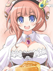 Rule 34 | 1girl, :d, atelier (series), atelier rorona, blue eyes, breasts, brown hair, cake, capelet, cleavage, female focus, food, hat, holding, jewelry, large breasts, naitou kouse, open mouth, pendant, pie, plate, rororina fryxell, short hair, simple background, smile, solo, teeth