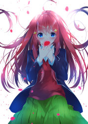 Rule 34 | 1girl, absurdres, ahoge, blue eyes, blue jacket, blush, collared shirt, commentary request, dress shirt, go-toubun no hanayome, green skirt, hair between eyes, hair ornament, hands up, highres, jacket, long hair, long sleeves, looking at viewer, nakano itsuki, open clothes, open jacket, petals, pleated skirt, red hair, red sweater, shirt, simple background, skirt, solo, star (symbol), star hair ornament, suisen-21, sweater, very long hair, white background, white shirt