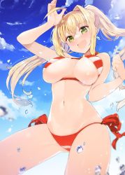 Rule 34 | 1girl, :d, arm up, bikini, blonde hair, blue skirt, blurry, breasts, cleavage, cloud, cloudy sky, cowboy shot, criss-cross halter, day, depth of field, earrings, fang, fate/grand order, fate (series), from below, gluteal fold, green eyes, hair between eyes, hair intakes, halterneck, jewelry, koba, large breasts, leg up, long hair, navel, nero claudius (fate), nero claudius (fate) (all), nero claudius (swimsuit caster) (fate), open mouth, outdoors, side-tie bikini bottom, skirt, sky, smile, solo, striped bikini, striped clothes, swimsuit, twintails, underboob, water drop