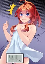 Rule 34 | 1girl, @ @, absurdres, ahoge, atelier z44, blue eyes, blush, breasts, censored, censored text, commentary request, completely nude, covering privates, go-toubun no hanayome, hair censor, hands up, highres, holding, holding towel, large breasts, long hair, mosaic censoring, nakano itsuki, nude, nude cover, open mouth, red hair, revision, shaded face, solo, towel, wavy mouth, weighing scale, weight conscious, white towel