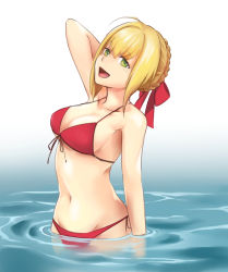 Rule 34 | 10s, 1girl, bikini, blonde hair, blush, braid, breasts, cleavage, fate/extra, fate (series), green eyes, long hair, looking at viewer, medium breasts, navel, nero claudius (fate), nero claudius (fate) (all), nero claudius (fate/extra), open mouth, partially submerged, red bikini, reversein, smile, solo, standing, swimsuit, wading