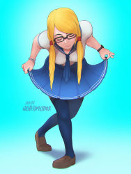 Rule 34 | 1girl, alternate breast size, alternate costume, artist name, asymmetrical bangs, blonde hair, blue background, bracelet, breasts, closed eyes, closed mouth, curtsey, dated, full body, glasses, highres, jewelry, large breasts, loafers, long hair, necktie, quasimodox, rainbow mika, school uniform, serafuku, shoes, smile, solo, street fighter, thighhighs, twintails, watch
