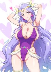 Rule 34 | 1girl, adapted costume, armpits, arms up, artist name, blush, breasts, cameltoe, choker, circlet, cleavage, clip studio paint (medium), covered erect nipples, cure earth, earrings, fuurin asumi, gem, healin&#039; good precure, heart, heart background, highres, jewelry, joy ride, large breasts, light purple hair, long hair, looking at viewer, photoshop (medium), precure, purple eyes, sideboob, skindentation, smile, solo, thigh strap, wavy hair