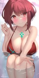 Rule 34 | 1girl, akira shiun, bathtub, bikini, blush, breasts, cleavage, collarbone, commentary request, hair between eyes, highres, holding, holding shower head, huge breasts, large breasts, looking at viewer, nintendo, open mouth, outstretched arm, pyra (xenoblade), red eyes, red hair, shower head, side-tie bikini bottom, sidelocks, sitting, solo, super smash bros., swimsuit, twitter username, wet, xenoblade chronicles (series), xenoblade chronicles 2