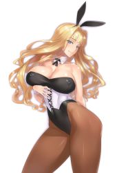 Rule 34 | 1girl, animal ears, arm behind back, bare shoulders, blonde hair, blue eyes, breasts, choker, cleavage, contrapposto, corset, covered erect nipples, cowboy shot, damegane, detached collar, fake animal ears, hair intakes, hairband, highres, image sample, large breasts, leotard, long hair, looking at viewer, original, pantyhose, playboy bunny, rabbit ears, resolution mismatch, simple background, smile, solo, source larger, standing, thick thighs, thighs, underbust, victoria (damegane), white background, wrist cuffs
