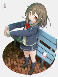 Rule 34 | 1girl, bench, black footwear, black jacket, black skirt, blazer, blue socks, blush, bow, brown cardigan, brown eyes, brown hair, cardigan, collared shirt, commentary, commission, full body, grey background, grin, hair between eyes, highres, interlocked fingers, jacket, kuro kosyou, loafers, long sleeves, looking at viewer, open clothes, open jacket, original, outstretched arms, park bench, pleated skirt, red bow, school uniform, shirt, shoes, skeb commission, skirt, sleeves past wrists, smile, socks, solo, standing, stretching, white shirt