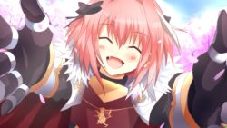 Rule 34 | 1boy, ^ ^, astolfo (fate), bow, cape, cherry blossoms, closed eyes, fang, fate/apocrypha, fate (series), fur trim, gauntlets, hair bow, highres, kanzaki satoki, male focus, open mouth, petals, pink hair, reaching, smile, tree