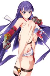 Rule 34 | 1girl, bikini, breasts, cameltoe, choker, covered erect nipples, cross, cross choker, cross necklace, earrings, fate/grand order, fate (series), fighting stance, gauntlets, highres, jacket, jewelry, large breasts, leg up, long hair, looking at viewer, martha (fate), martha (swimsuit ruler) (fate), mrtakenoko, navel, necklace, partially visible vulva, purple hair, solo, standing, standing on one leg, straight hair, swimsuit