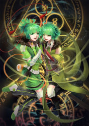 Rule 34 | 2girls, ahoge, belt, black footwear, boots, character request, coattails, copyright request, female focus, fingers together, green eyes, green hair, hair ribbon, highres, holding hands, knee boots, looking at viewer, magic circle, multiple girls, open mouth, pa beng, parted lips, ribbon, sheath, short hair, smile, thighhighs, white legwear, yellow eyes