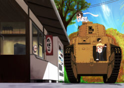 Rule 34 | 3girls, ahoge, blonde hair, breasts, brown eyes, brown hair, candy store, caterpillar tracks, cloud, coat, day, facing viewer, glasses, goggles, grey hair, headband, highres, house, jacket, long hair, military, military vehicle, motor vehicle, multiple girls, open mouth, original, outdoors, refrigerator, shop, short hair, side ponytail, tank, tank shell, television, track jacket, translated, tree, type 89 i-gou, vending machine, yellow eyes, zafuri (yzrnegy)