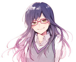 Rule 34 | :&gt;, blush, closed mouth, collared shirt, dress shirt, glasses, green eyes, long hair, long sleeves, looking at viewer, noeru (putty), purple hair, red-framed eyewear, shirt, simple background, smile, solo, sweater vest, upper body, usami shiori, white background, white shirt, world trigger