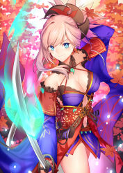 Rule 34 | &gt;:), 1girl, arm up, asymmetrical hair, autumn leaves, bare shoulders, blue eyes, blue kimono, breasts, cleavage, closed mouth, clothing cutout, commentary request, detached sleeves, dual wielding, earrings, fate/grand order, fate (series), glowing, glowing sword, glowing weapon, gogatsu fukuin, hair ornament, highres, holding, holding sword, holding weapon, japanese clothes, jewelry, katana, kimono, leaf, light brown hair, long hair, long sleeves, magatama, maple leaf, medium breasts, miyamoto musashi (fate), miyamoto musashi (third ascension) (fate), navel, navel cutout, obi, sash, sheath, short kimono, sidelocks, sleeveless, sleeveless kimono, smile, solo, sword, unsheathed, v-shaped eyebrows, weapon, wide sleeves