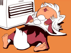 Rule 34 | 1girl, air conditioner, animal ears, barefoot, between legs, chibi, feet, female focus, heater, inubashiri momiji, lying, on back, onikobe rin, paw pose, sleeping, soles, solo, tail, tail between legs, toes, tongue, tongue out, touhou, wolf ears, wolf tail