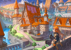 Rule 34 | 1girl, architecture, armor, blue eyes, bridge, bush, cityscape, cloud, commentary, dome, elf, fantasy, fountain, gloves, greaves, long hair, nagi itsuki, orange hair, original, pointy ears, railing, river, road, scenery, shorts, shorts rolled up, sitting, sitting on wall, sky, smile, solo, spire, stairs, thighhighs, tree, turtleneck, wall, water, waterfall, wind, zettai ryouiki