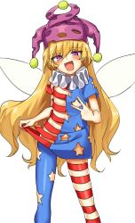 Rule 34 | 1girl, american flag dress, american flag legwear, blonde hair, blush, clothes lift, clownpiece, contrapposto, dress, dress lift, fairy wings, flat chest, hair between eyes, hat, head tilt, jester cap, lifting own clothes, long hair, looking at viewer, manarou, neck ruff, open mouth, pantyhose, pink eyes, purple hat, short dress, short sleeves, simple background, smile, solo, standing, star cutout, striped clothes, striped dress, striped pantyhose, touhou, v, very long hair, white background, wings