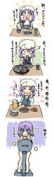 Rule 34 | 1girl, 4koma, bowl, casual nudity, chopsticks, comic, cup, eating, closed eyes, female focus, fish, food, heart, highres, jam (artist), jam (pixiv), jam (shoujikimono wa naze mawaru), letty whiterock, long image, musical note, noodles, nude, open mouth, plate, purple eyes, purple hair, quaver, rice, rice bowl, sitting, skewer, table, tall image, touhou, translation request, weighing scale, yunomi