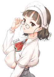 Rule 34 | !, 10s, 1girl, adjusting eyewear, ascot, belt, blunt bangs, breasts, brown eyes, brown hair, capelet, caplet, covered erect nipples, dated, detached sleeves, eyewear strap, female focus, from side, glasses, grey eyes, grey hair, headdress, kantai collection, large breasts, long sleeves, looking at viewer, looking back, no bra, parted lips, pince-nez, pleated skirt, roma (kancolle), round eyewear, shirt, short hair, sideboob, simple background, skirt, sleeveless, sleeveless shirt, solo, tomozo kaoru, twitter username, upper body, wavy hair, white background
