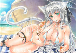 Rule 34 | 1girl, animal ears, artist name, at classics, beach, beach umbrella, bikini, black ribbon, blanket, bottle, bracelet, breasts, cat ears, cat tail, choker, cleavage, day, green eyes, half updo, heart, heart choker, holding, holding bottle, jewelry, large breasts, long hair, looking at viewer, lotion, lotion bottle, lying, mouth hold, ocean, on side, original, outdoors, ribbon, sample watermark, sandals, side-tie bikini bottom, solo, sunscreen, swimsuit, tail, thigh strap, traditional media, umbrella, untied bikini, very long hair, watermark, white bikini, white hair