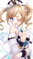 Rule 34 | 1girl, barbara (genshin impact), bare shoulders, blonde hair, blue eyes, blush, breasts, brooch, collar, cross, diffraction spikes, dress, drill hair, genshin impact, glint, highres, jewelry, kei-chan (ultimatekeichan), latin cross, long hair, long sleeves, looking at viewer, one eye closed, open mouth, priestess, small breasts, solo, swept bangs, twin drills, twintails, upper body, water, white dress, white headwear