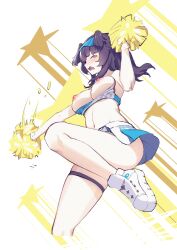 Rule 34 | 1girl, animal ears, black hair, blue archive, breasts, cheerleader, closed eyes, crop top, cropped legs, dog ears, hibiki (blue archive), hibiki (cheer squad) (blue archive), highres, lcy bingzi, leg up, long hair, medium breasts, miniskirt, nipples, open mouth, pom pom (cheerleading), shoes, simple background, skirt, sneakers, solo, star (symbol), thigh strap, white footwear