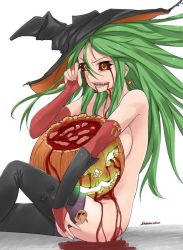 Rule 34 | 1girl, blood, bloody tears, breasts, earrings, green hair, guro, halloween, hat, jack-o&#039;-lantern, jewelry, long hair, nail polish, piercing, red eyes, sitting, solo, stormcow, witch hat